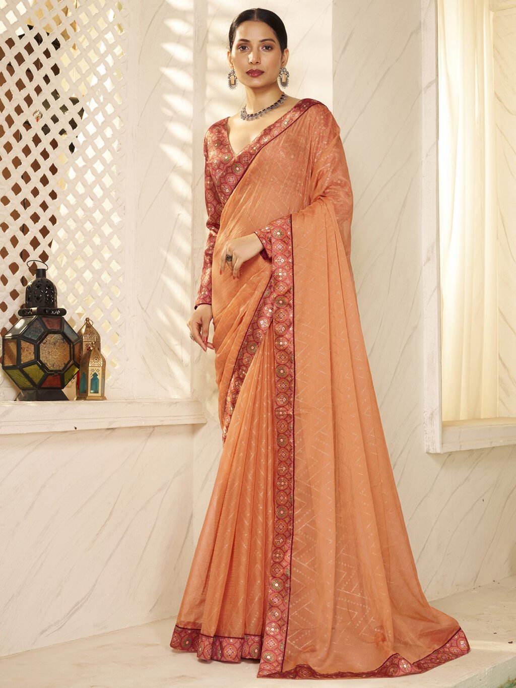 Image of Peach Chiffon Saree