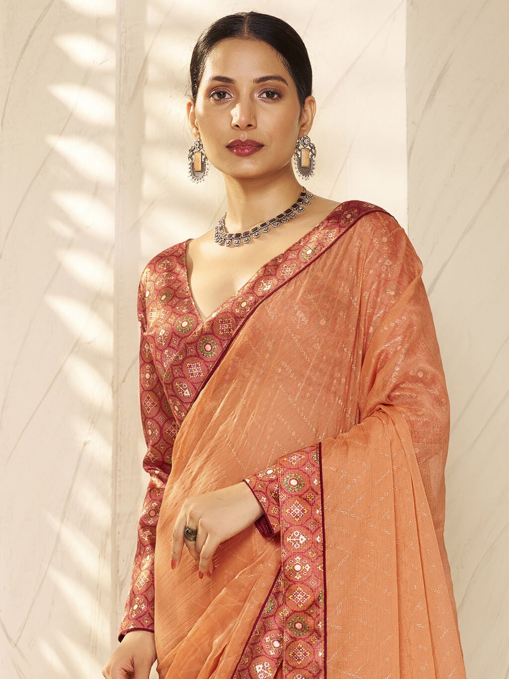 Peach Chiffon Saree with Printed Blouse - Image 3