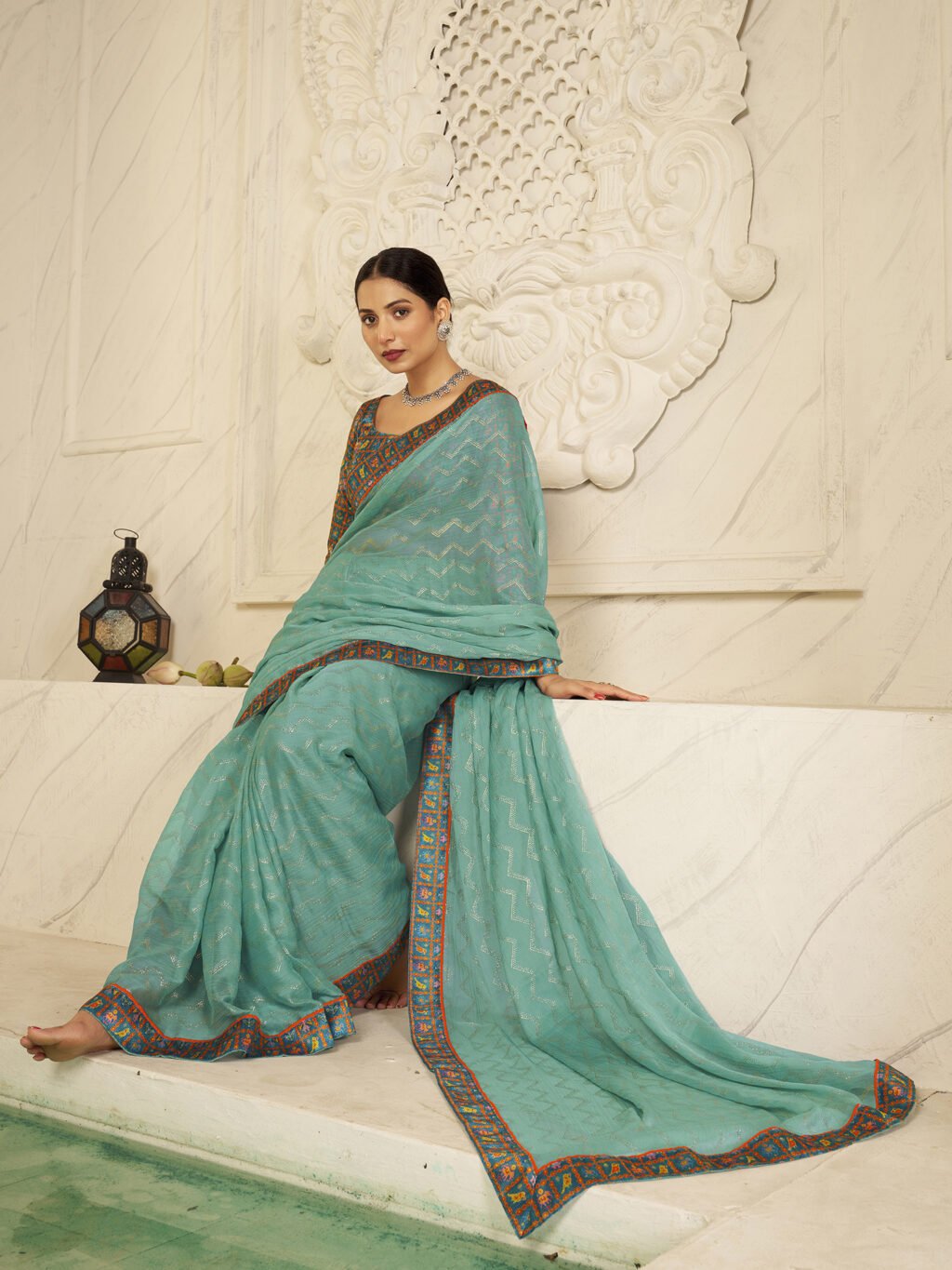 Image of Turquoise Chiffon Saree