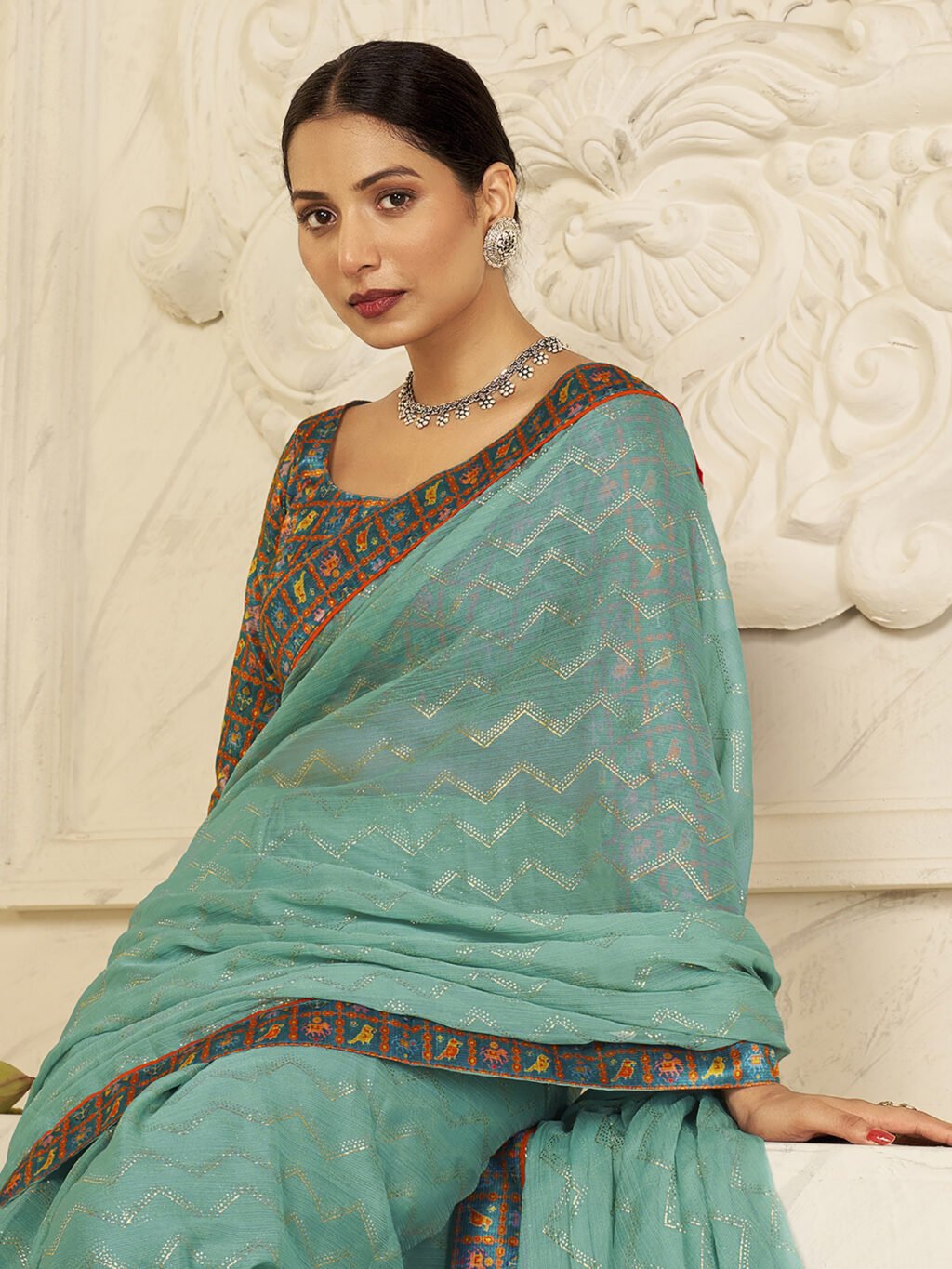 Teal Blue Chiffon Saree with Printed Blouse - Image 3