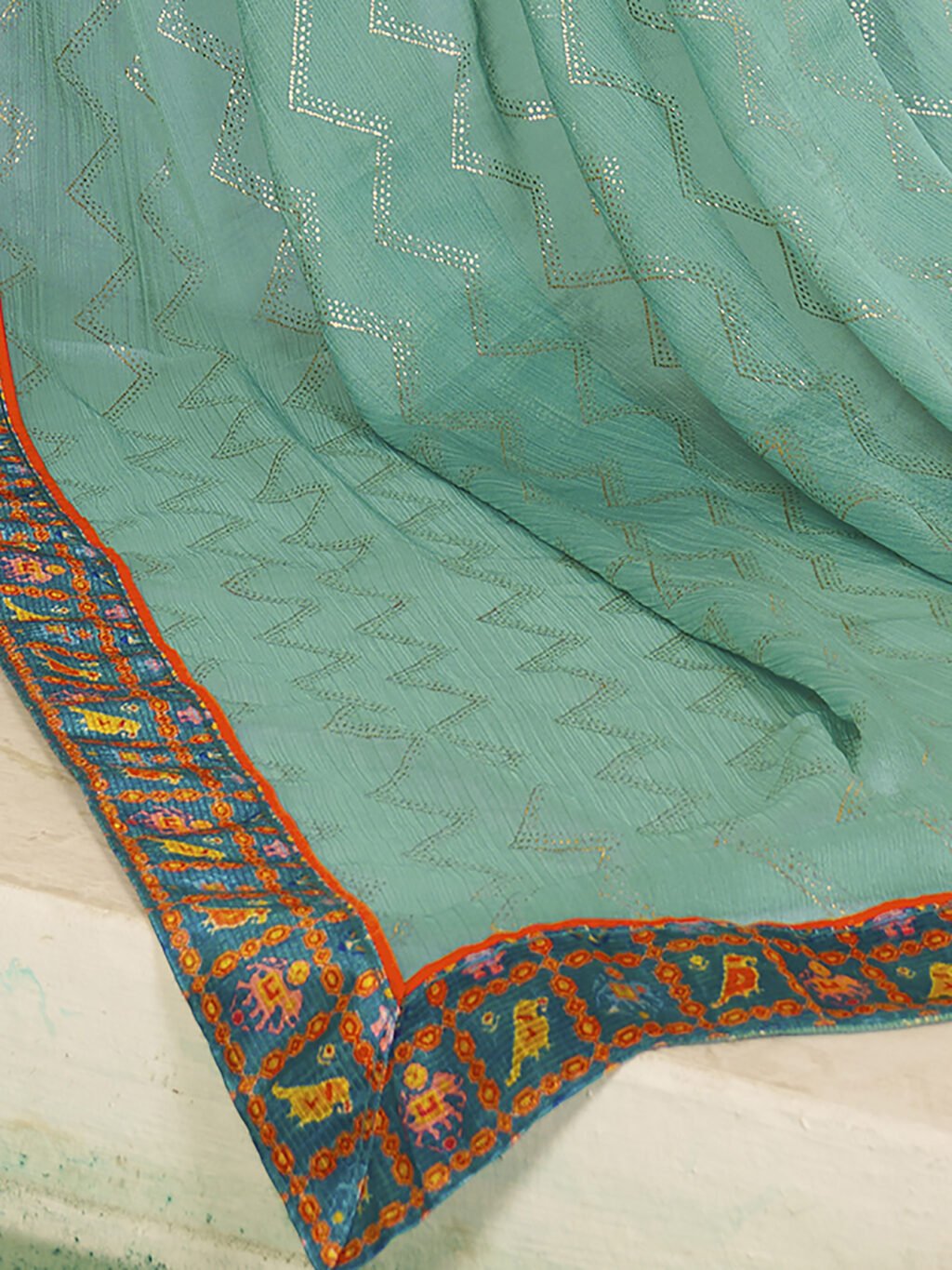 Teal Blue Chiffon Saree with Printed Blouse - Image 4