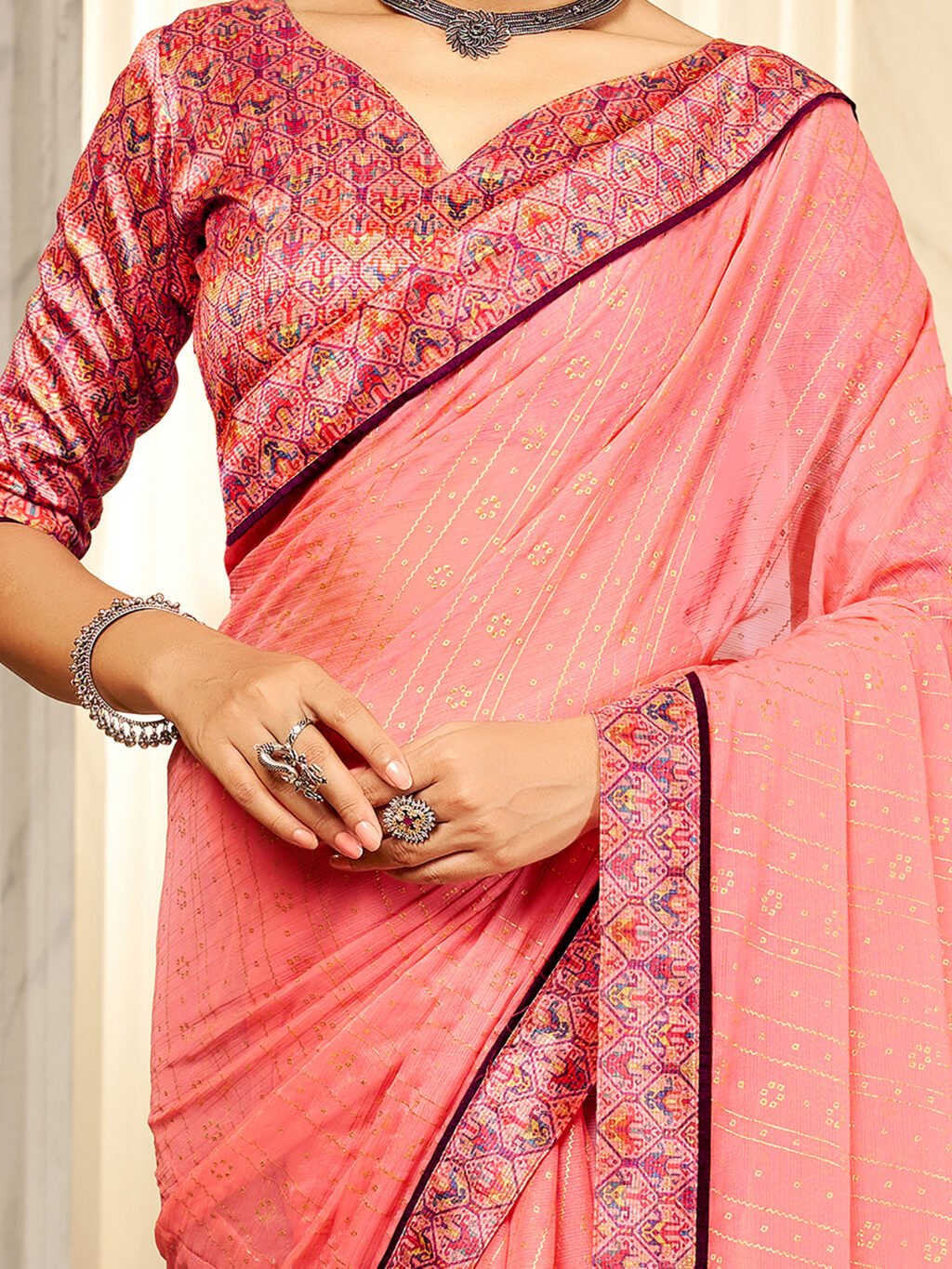 Pink Chiffon Saree with Printed Blouse - Image 3