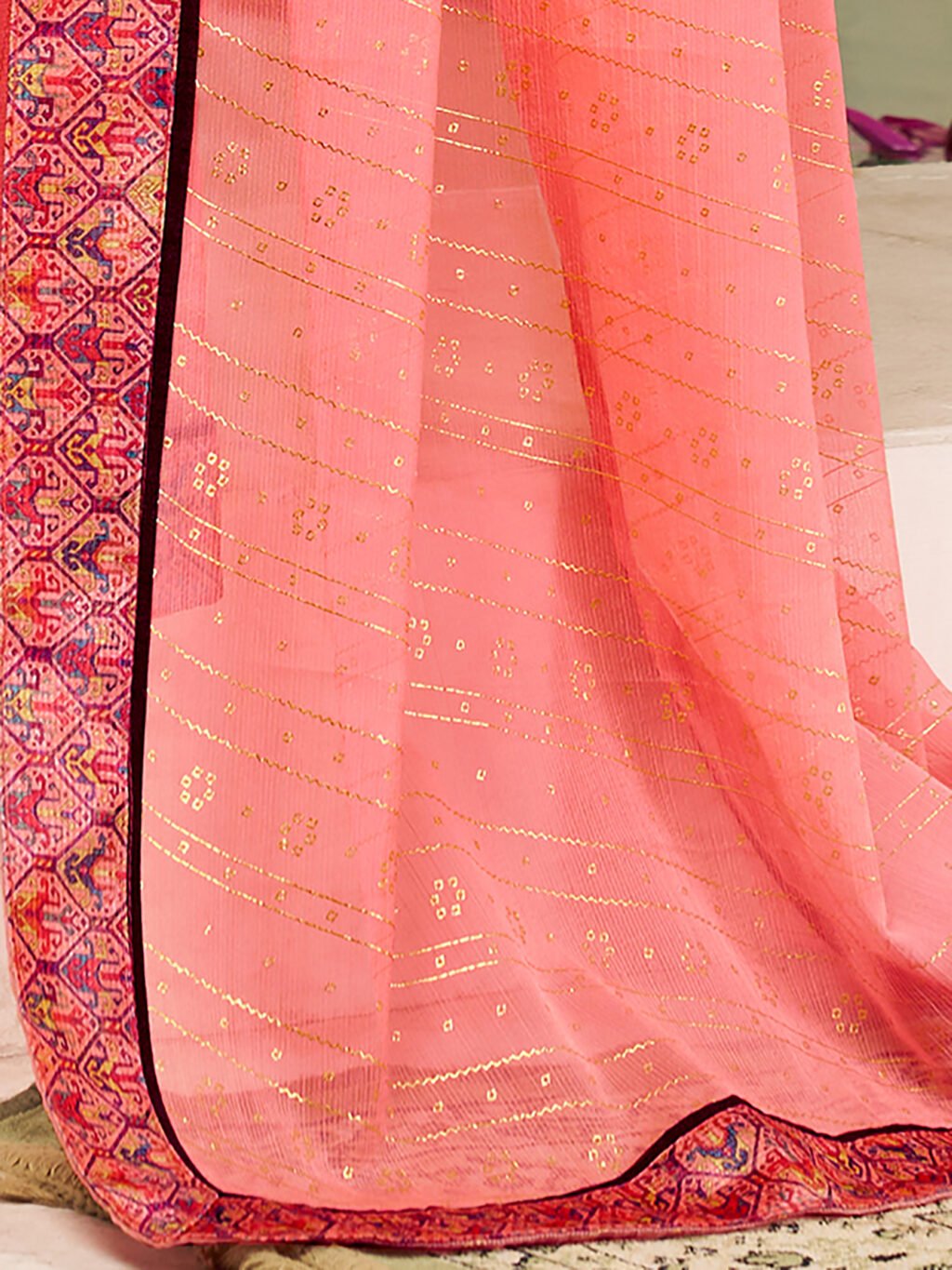 Pink Chiffon Saree with Printed Blouse - Image 4
