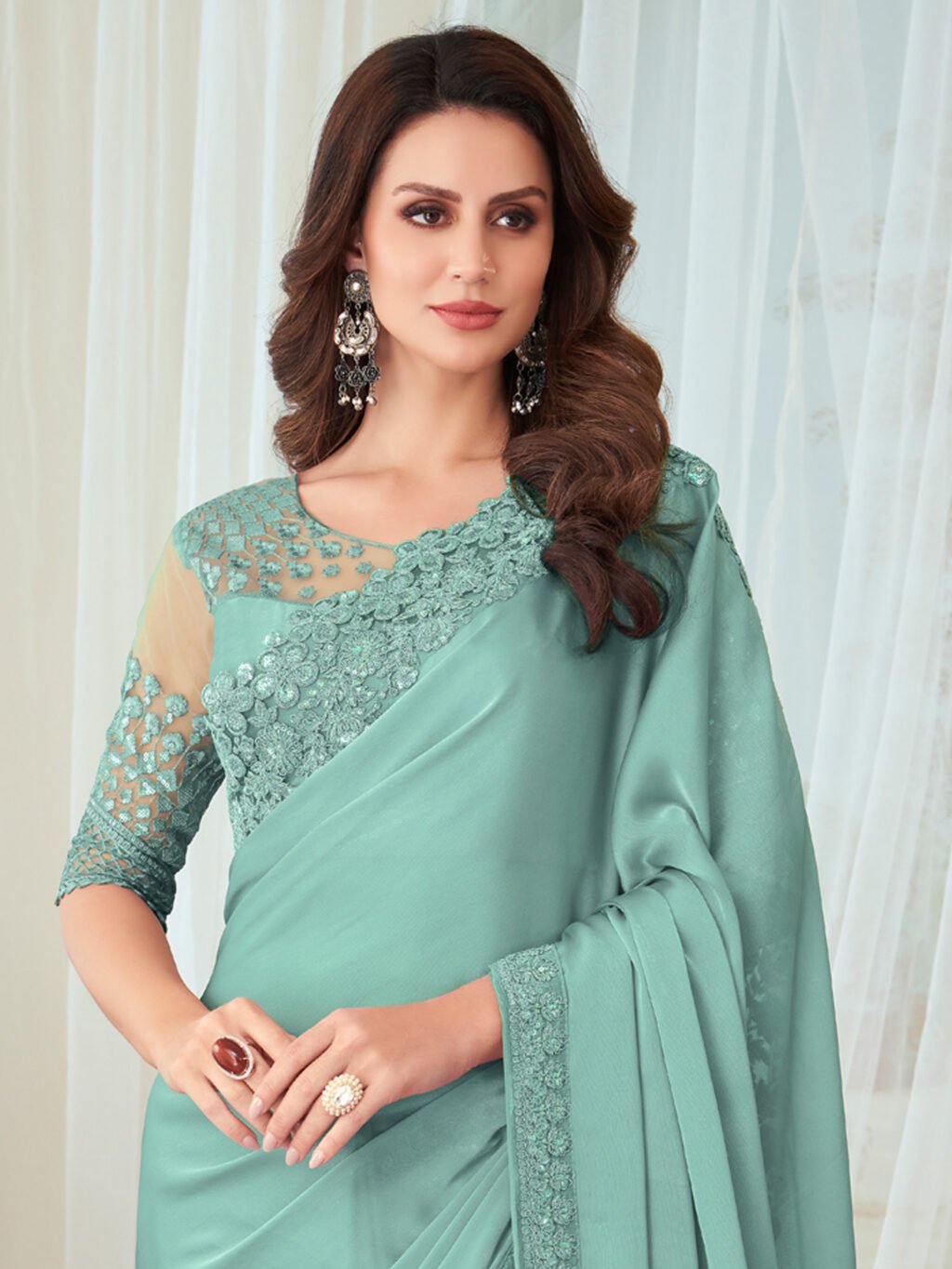 Sea Green Silk Saree - Image 3