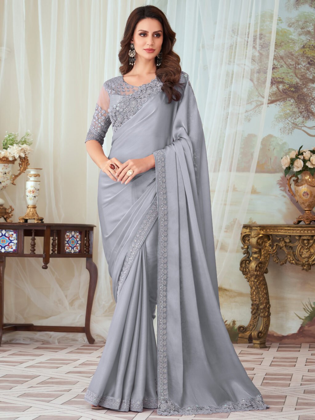 Image of Grey Silk Saree