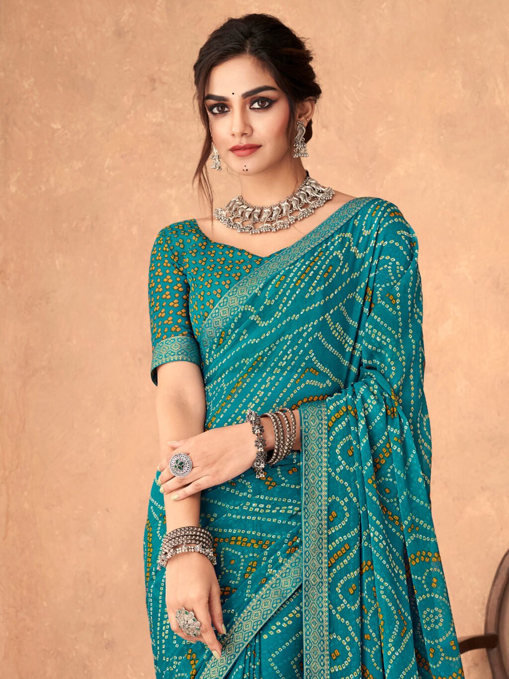 Teal Blue Printed Chiffon Saree - Image 3