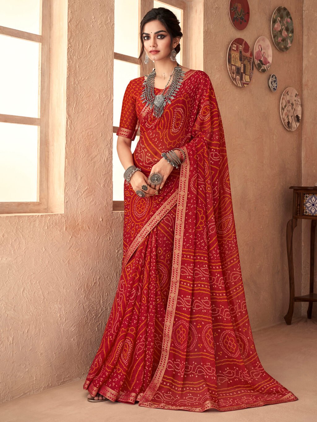 Image of Red Chiffon Saree