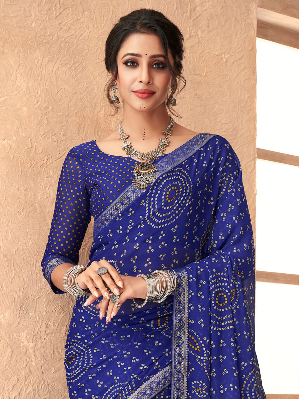Deep Blue Printed Chiffon Saree - Image 3