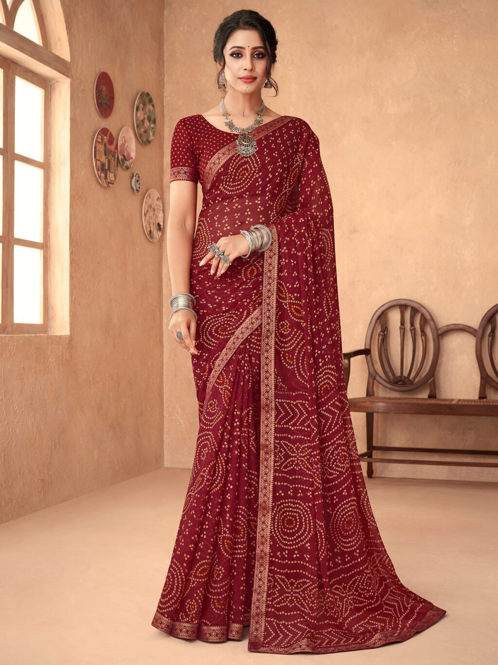 Image of Maroon Chiffon Saree
