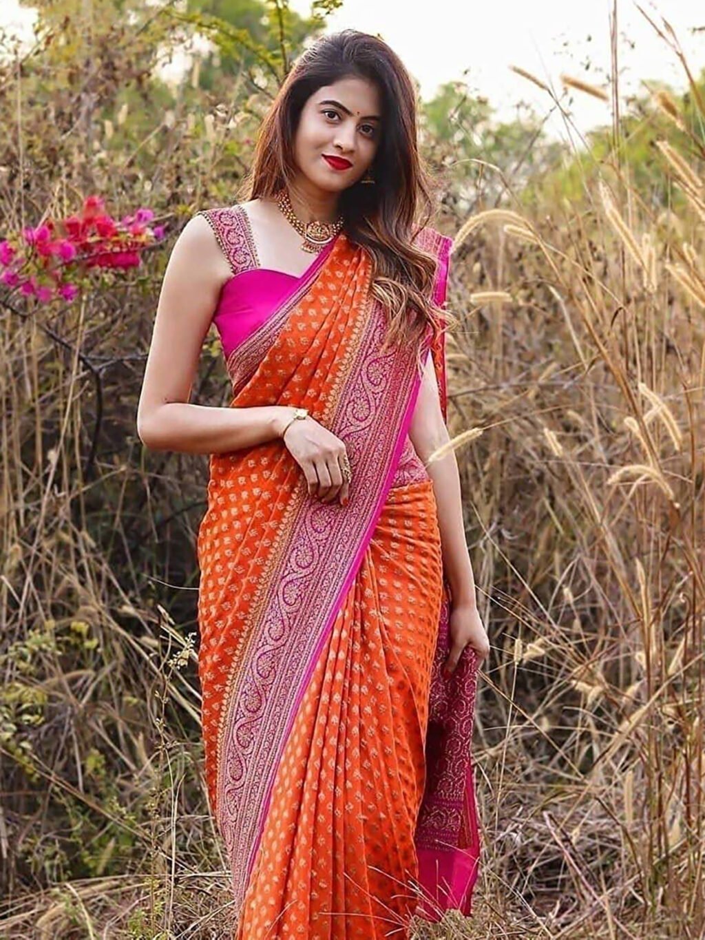 Orange Silk Saree - Image 3