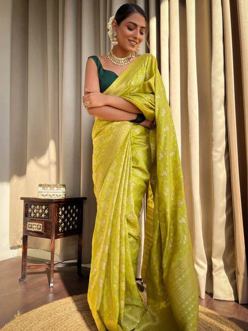 Image of Lime Green Silk Saree