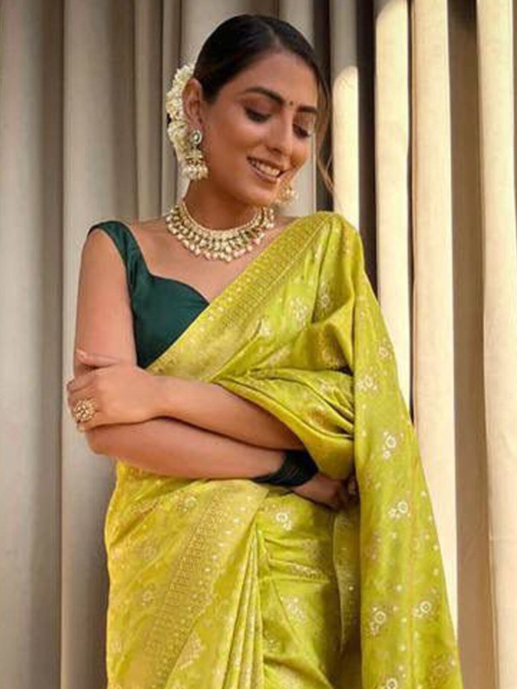 Lime Green Silk Saree - Image 4