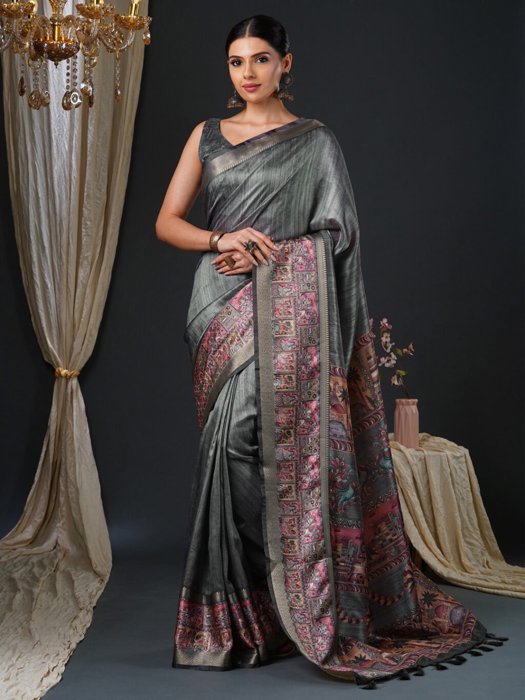 Image of Charcoal Grey Silk Saree