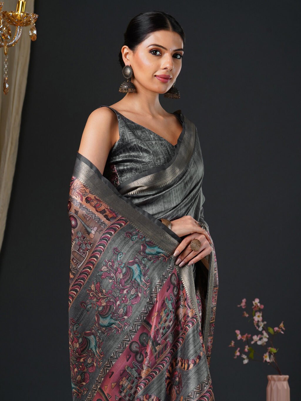 Charcoal Grey Silk Saree - Image 4