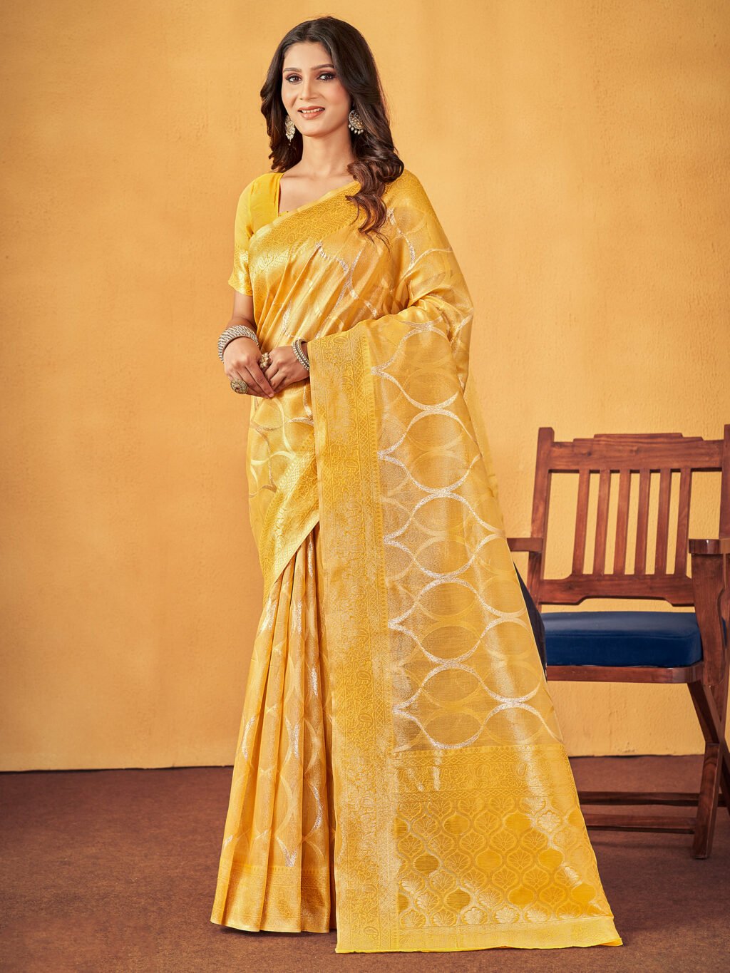 Image of Yellow Cotton Saree