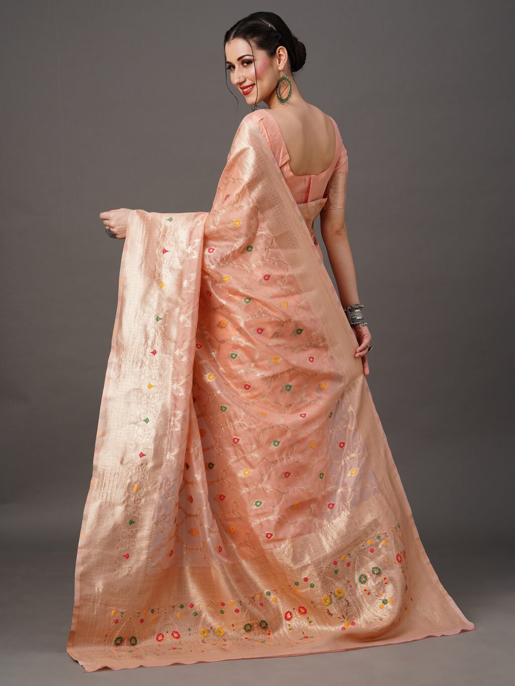 Partywear Peach Pink Organza Silk Saree - Image 3