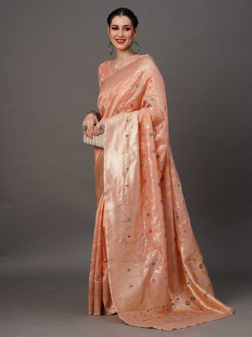 Partywear Peach Pink Organza Silk Saree - Image 4
