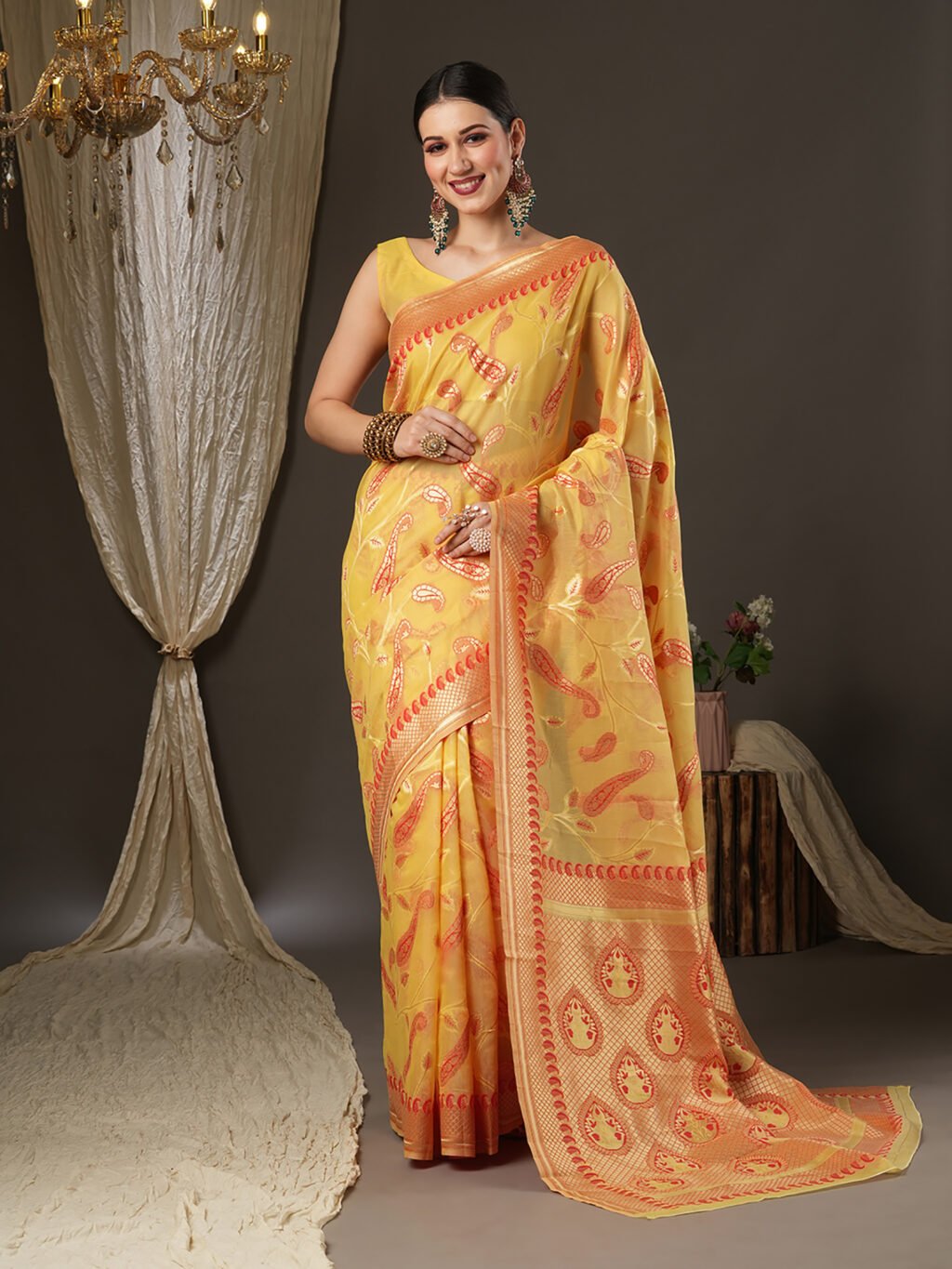 Image of Yellow Cotton Saree