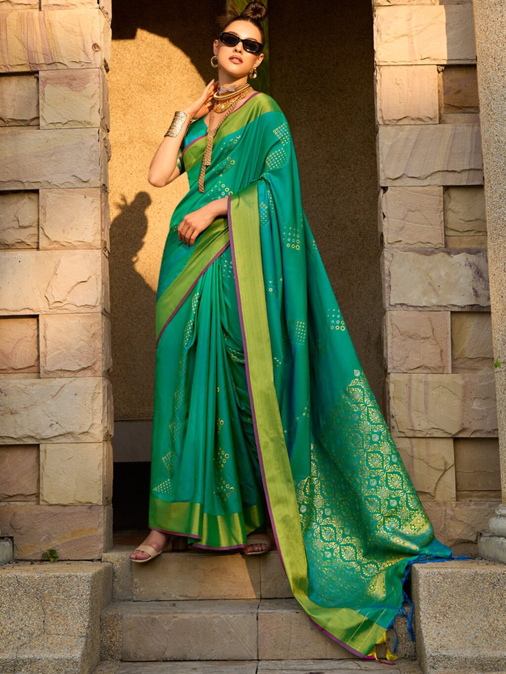 Image of Teal Green Silk Saree