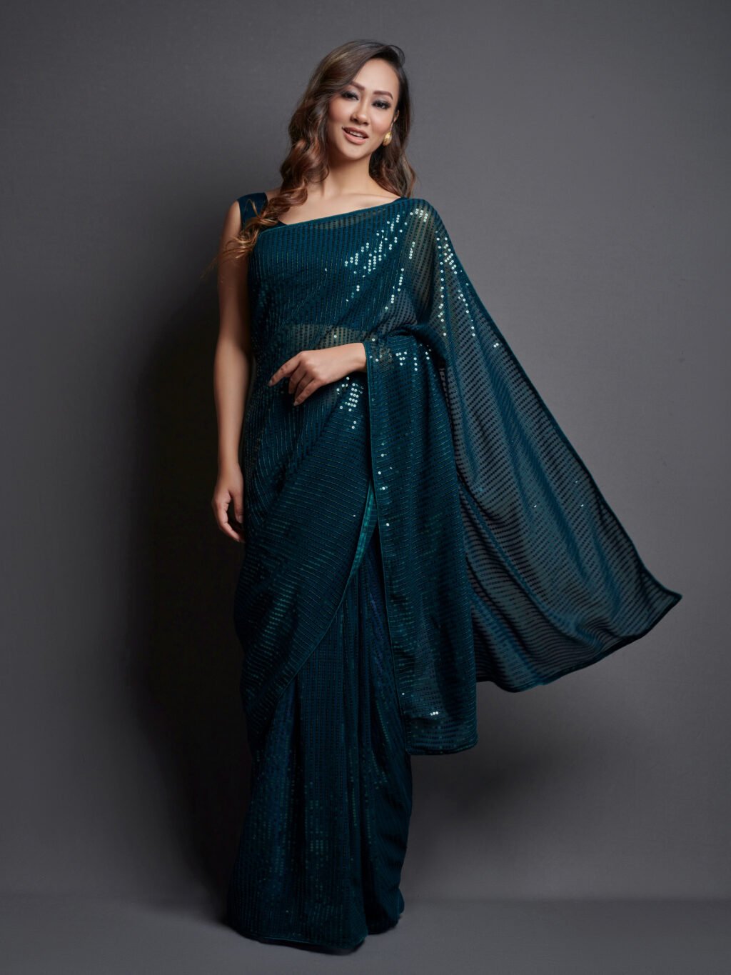 Teal Blue Georgette Farewell Saree - Image 3