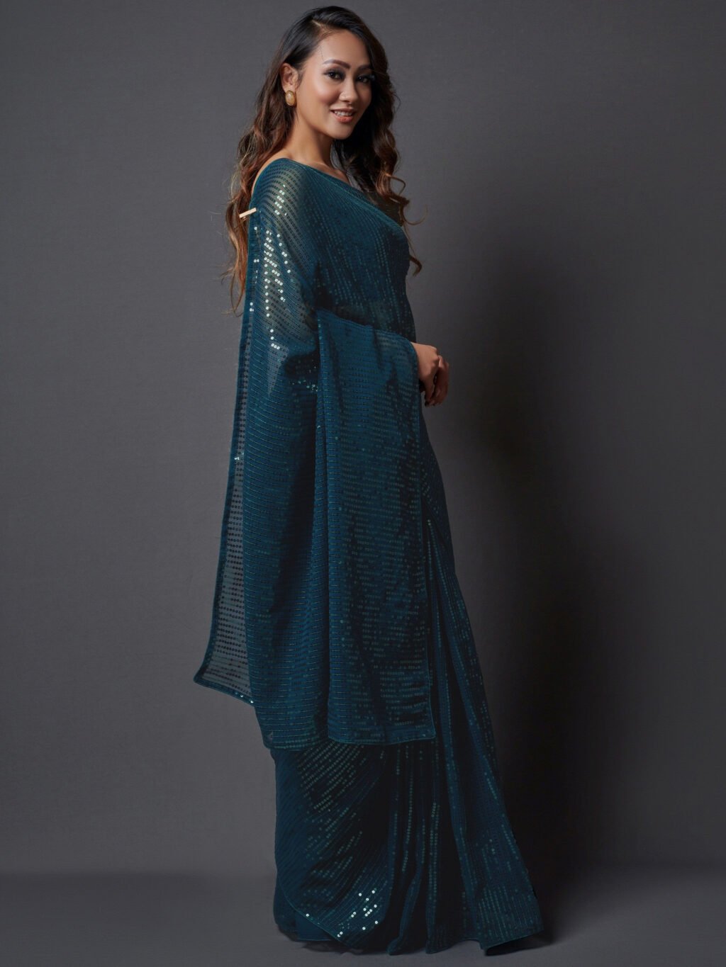 Teal Blue Georgette Farewell Saree - Image 4