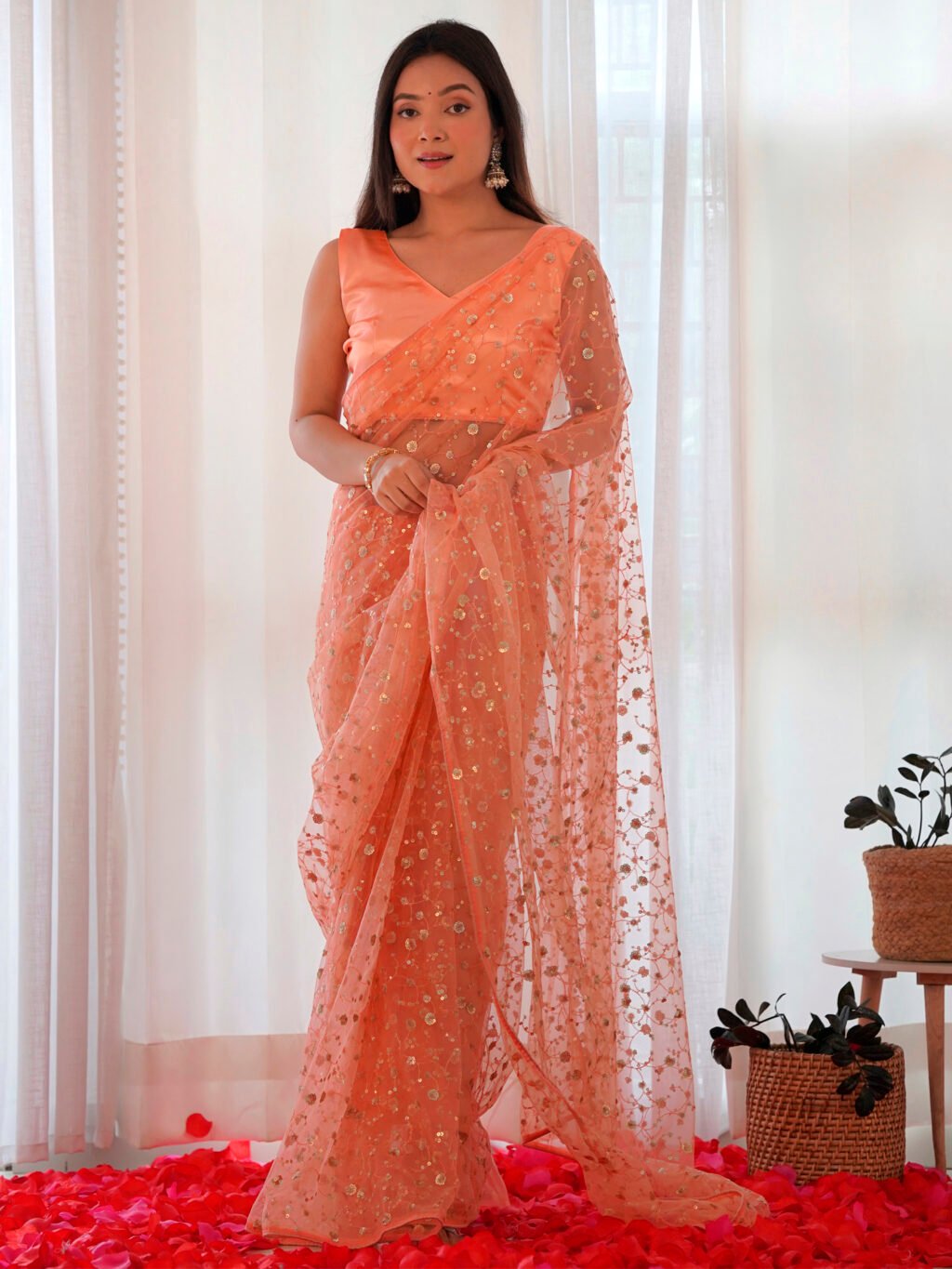 Image of Peach Net Saree