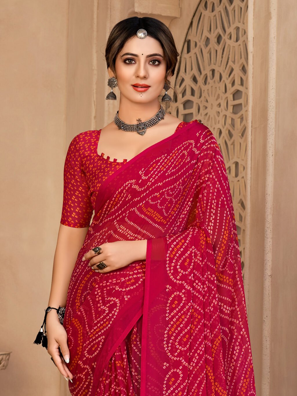 Hot Pink Printed Chiffon Saree - Image 3