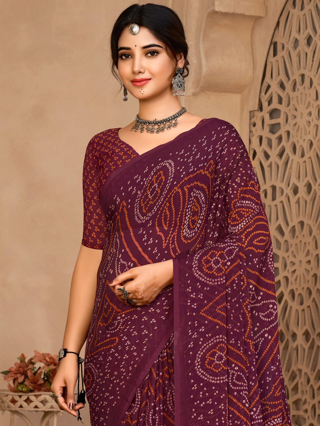 Burgundy Purple Printed Chiffon Saree - Image 3