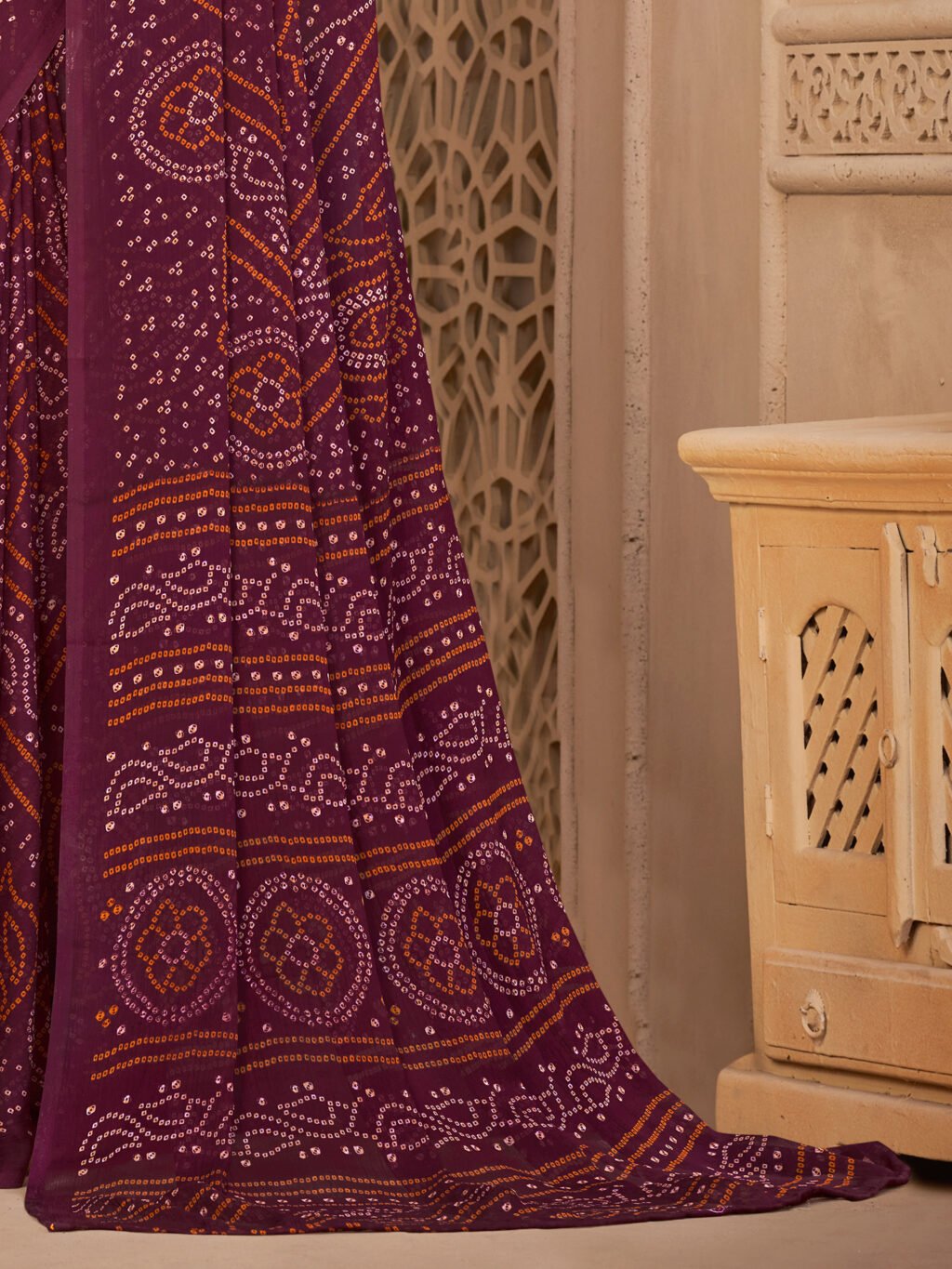 Burgundy Purple Printed Chiffon Saree - Image 4