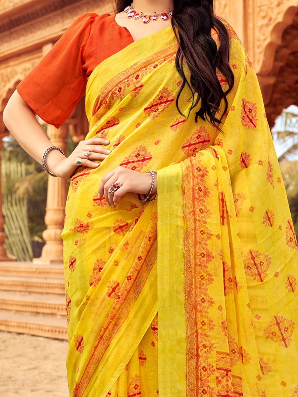 Yellow Chiffon Saree - Image 3