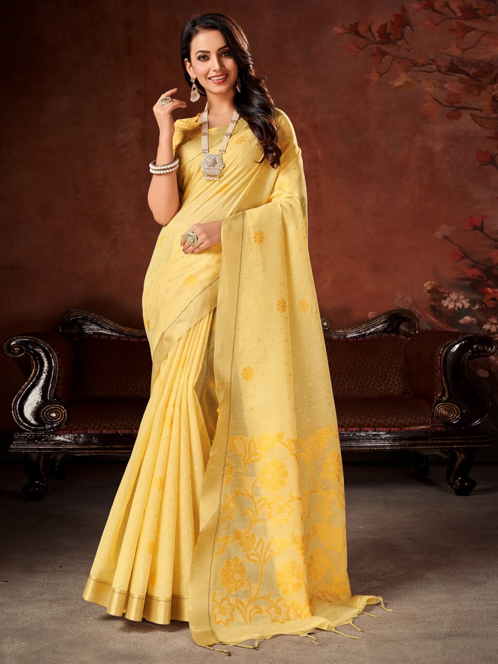 Image of Yellow Cotton Saree
