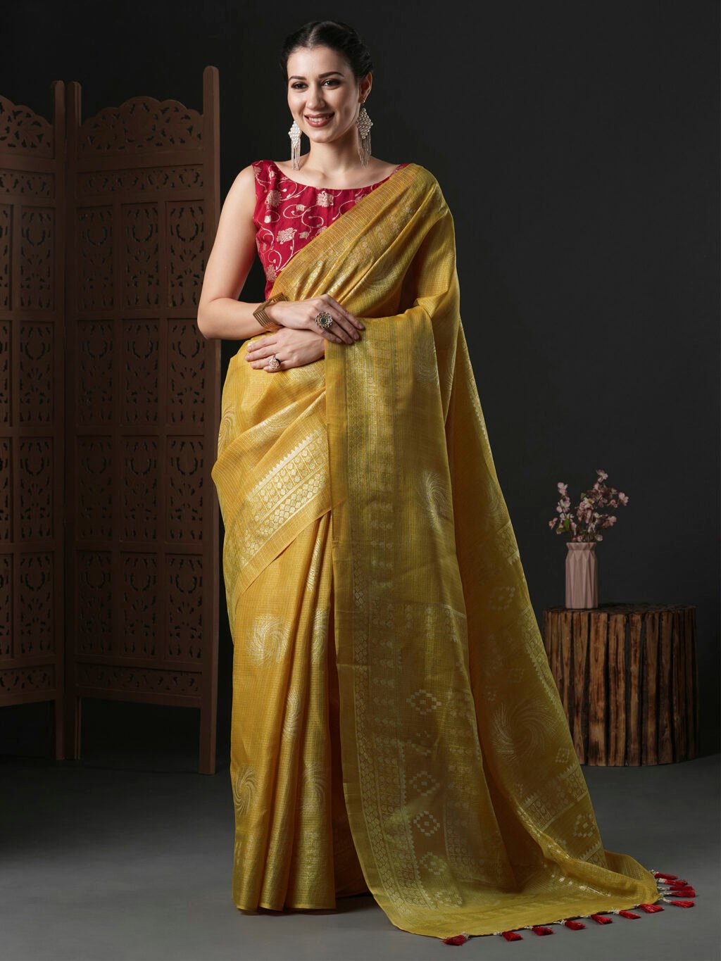 Image of Yellow Cotton Saree