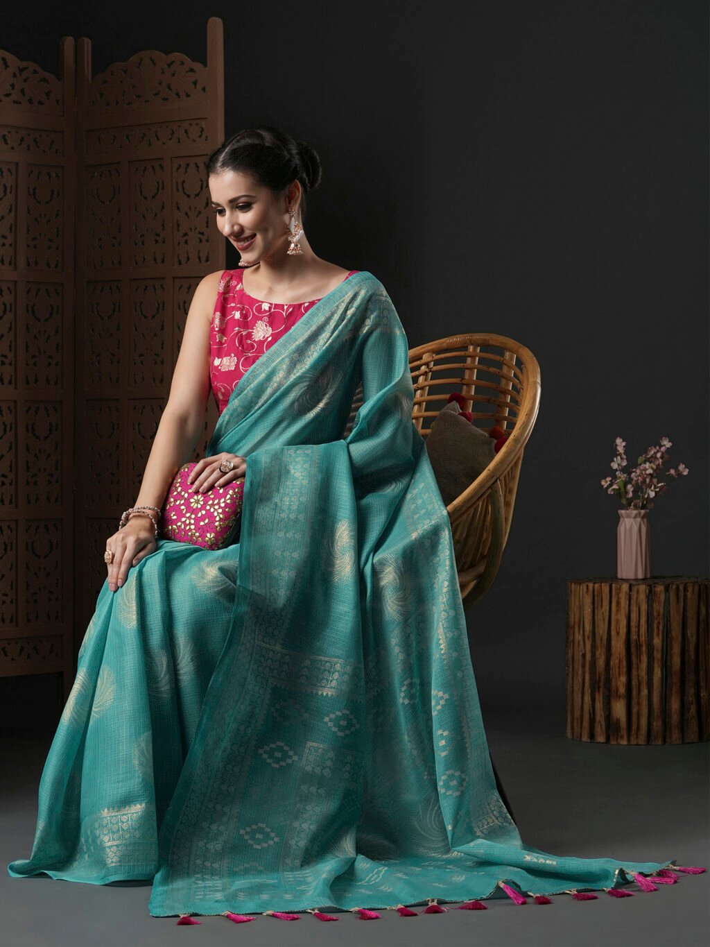 Blue Kota Doria Branded Cotton Saree - Image 3