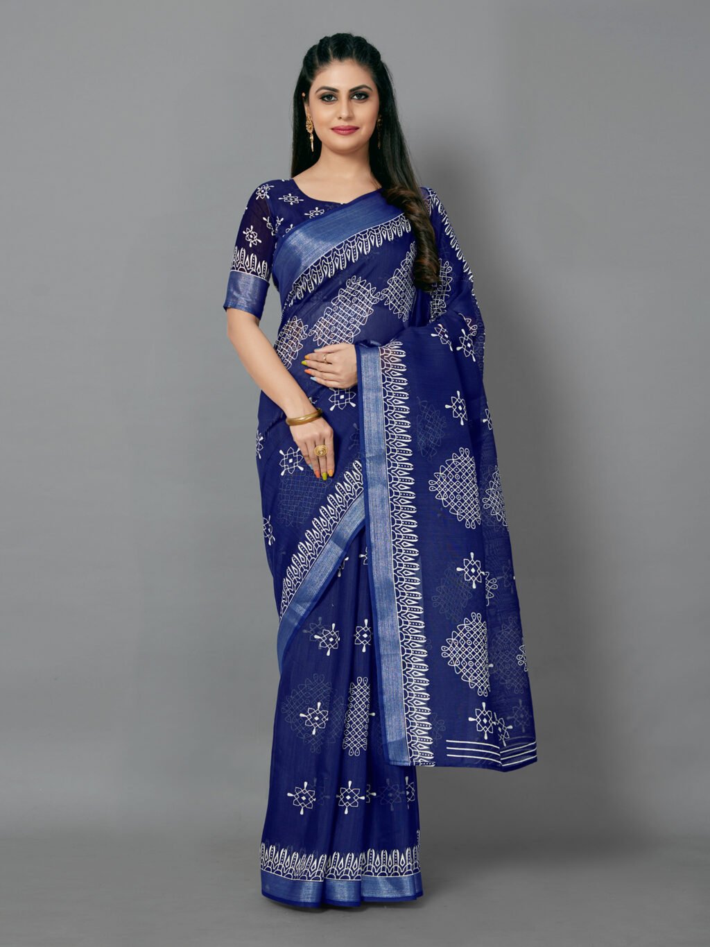 Image of Navy Blue Cotton Saree