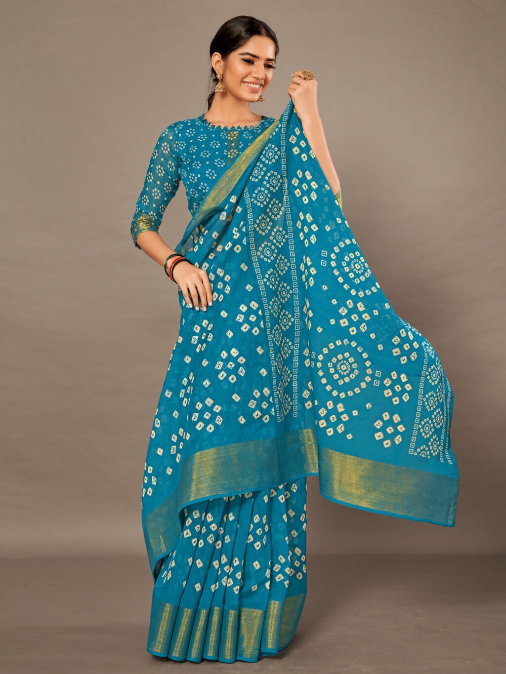 Blue Printed Branded Cotton Saree - Image 3
