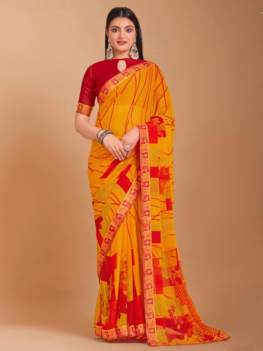 Image of Yellow Chiffon Saree