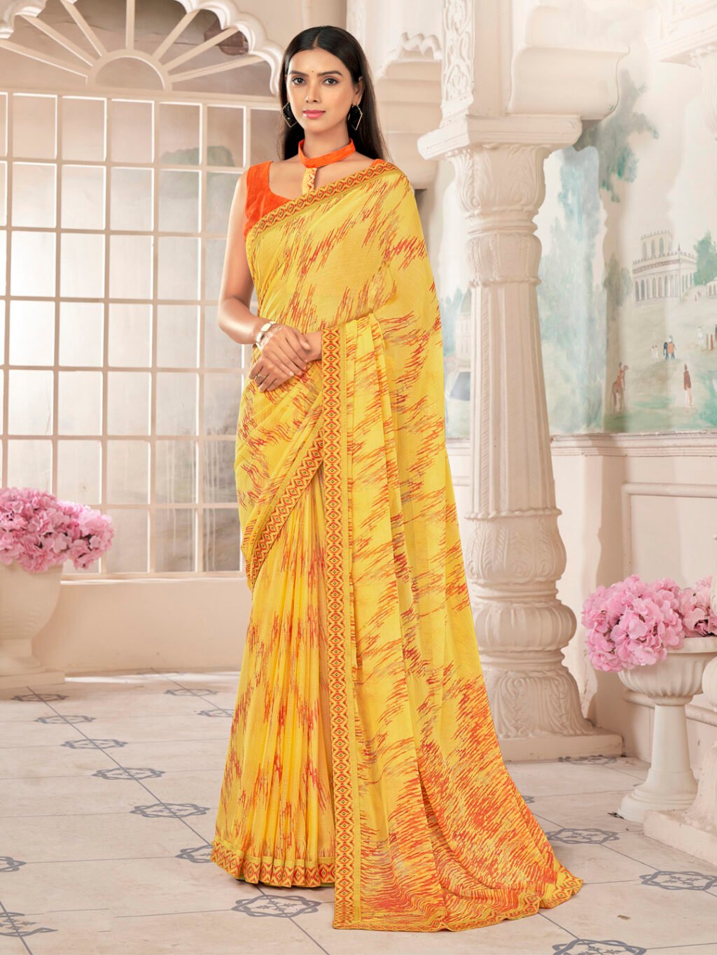 Image of Yellow Chiffon Saree