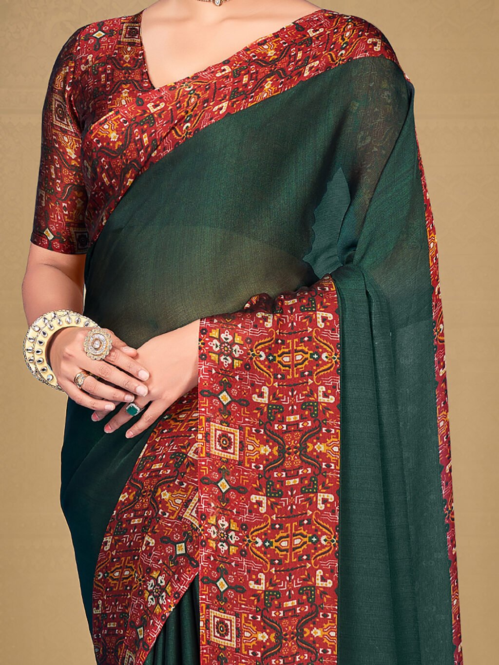 Reddish Green Chiffon Saree - Image 3