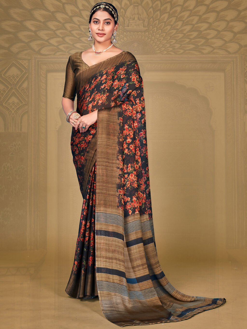 Image of Navy Blue Chiffon Saree