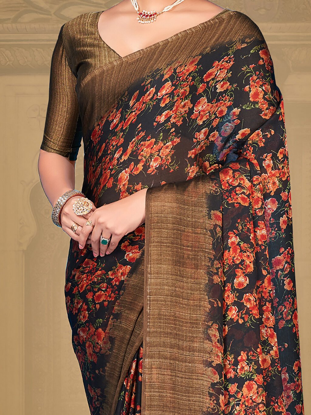 Floal Navy Blue Chiffon Saree - Image 3