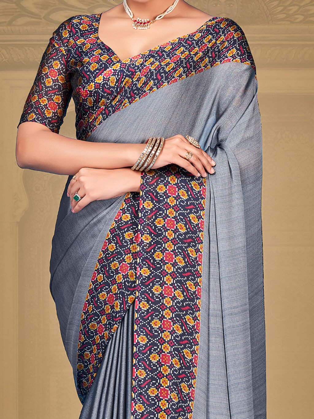 Elegant Bluish Grey Chiffon Saree - Image 3