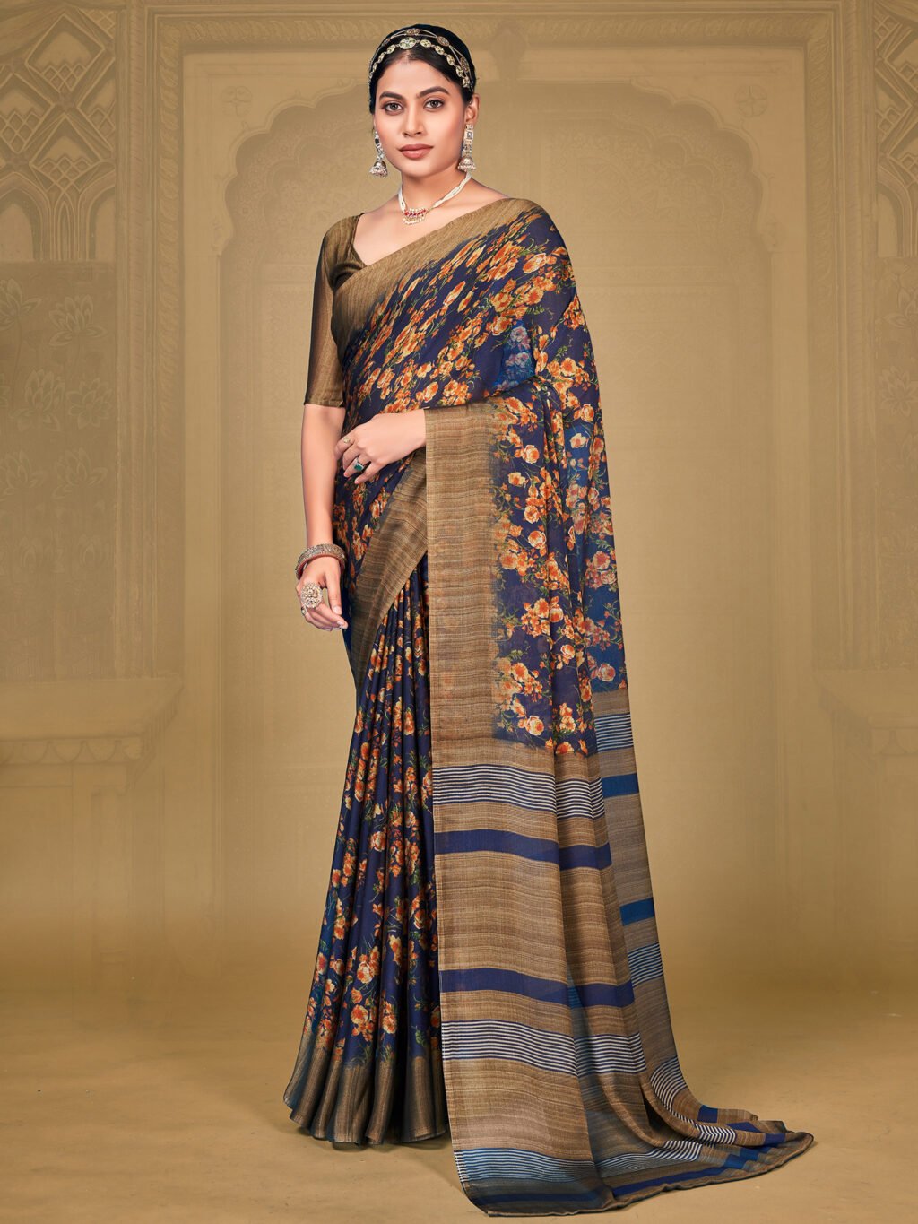 Image of Navy Blue Chiffon Saree