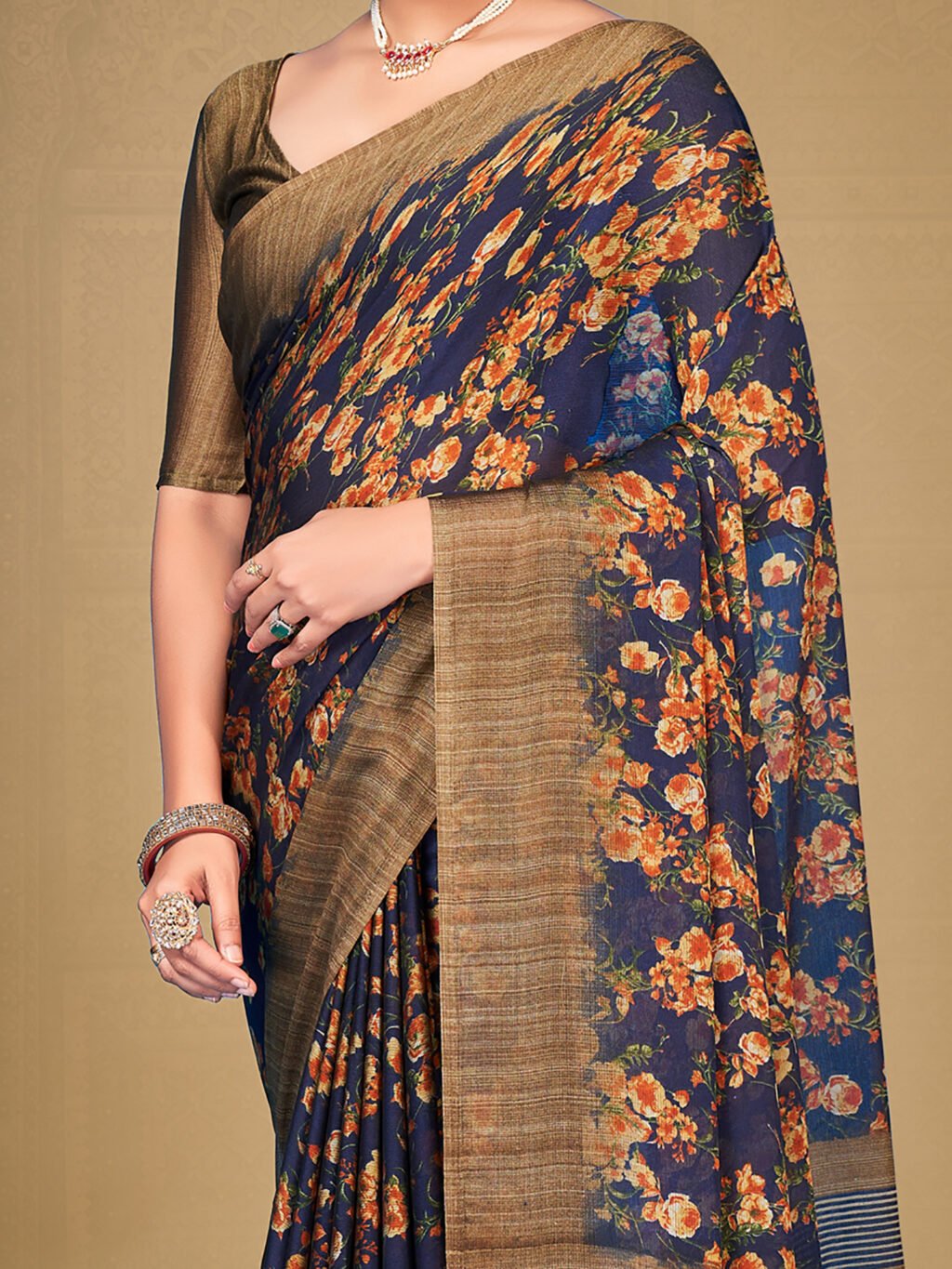 Ethnic Navy Blue Chiffon Saree - Image 3