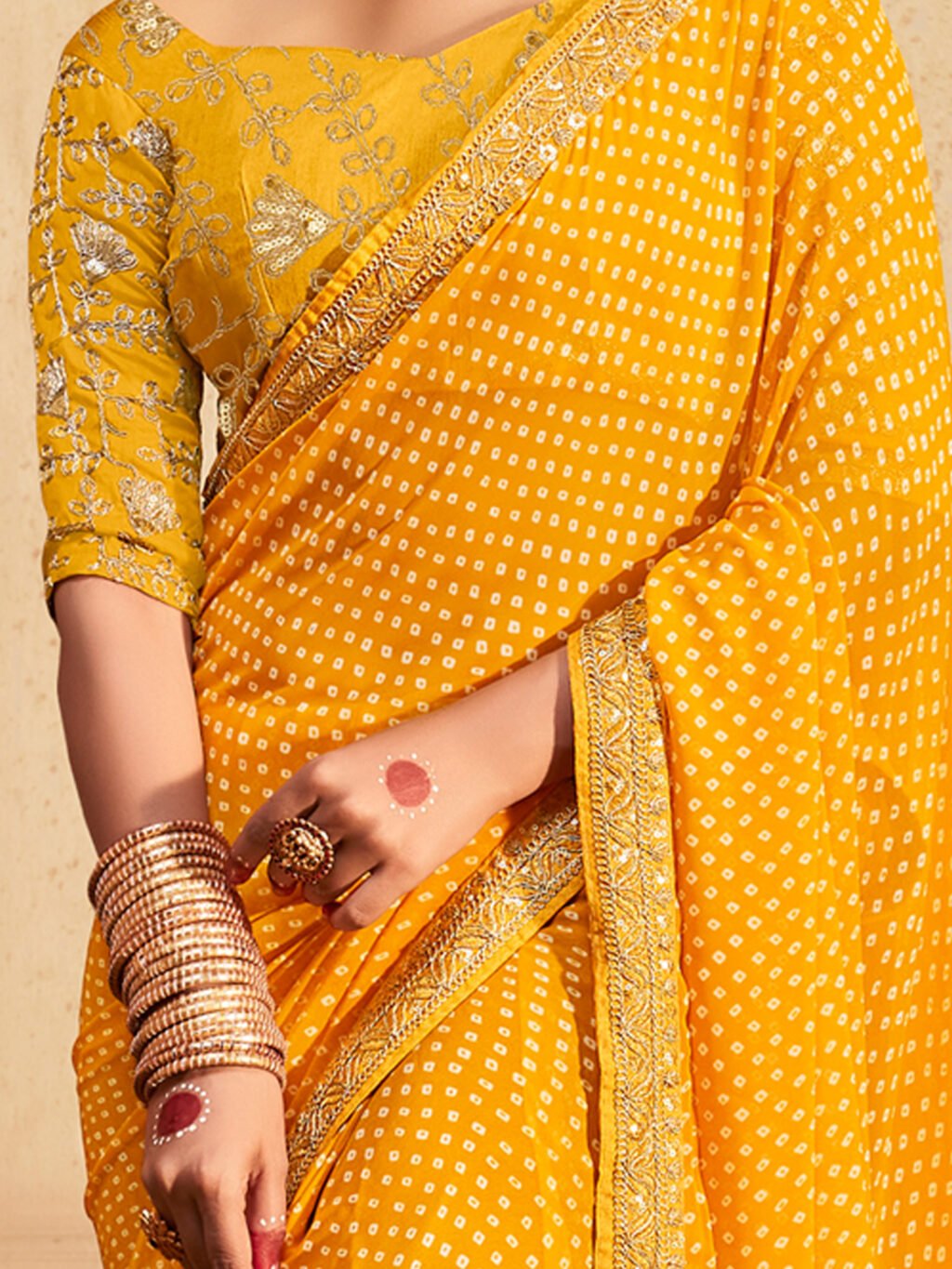 Yellow Partywear Bandhani Georgette Saree - Image 3