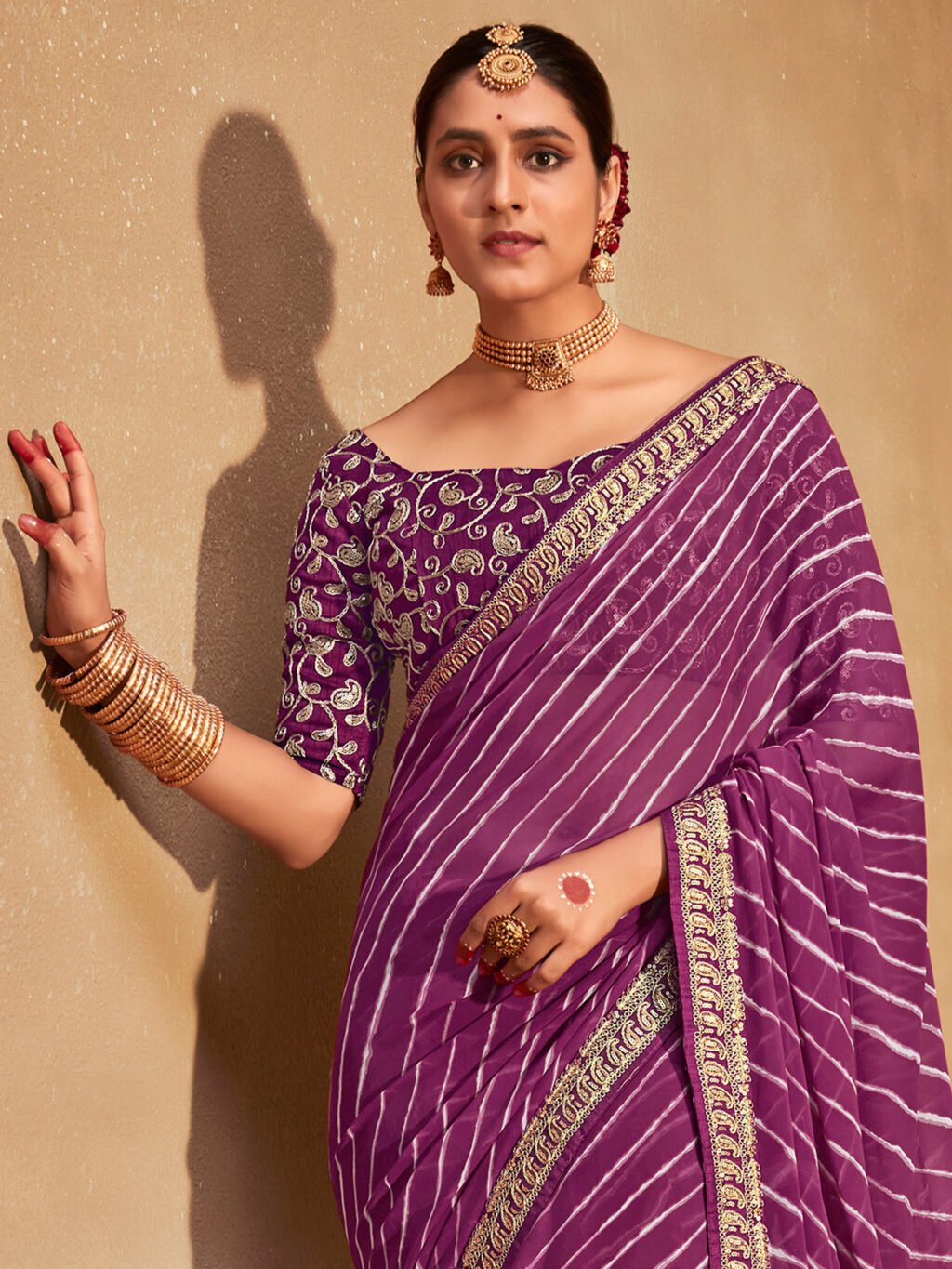 Rich Purple Designer Bandhani Georgette Saree - Image 3