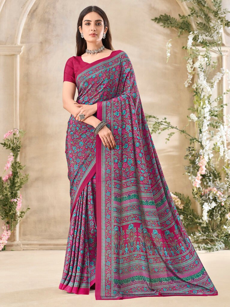 Magenta Pink Printed Crepe Silk Saree