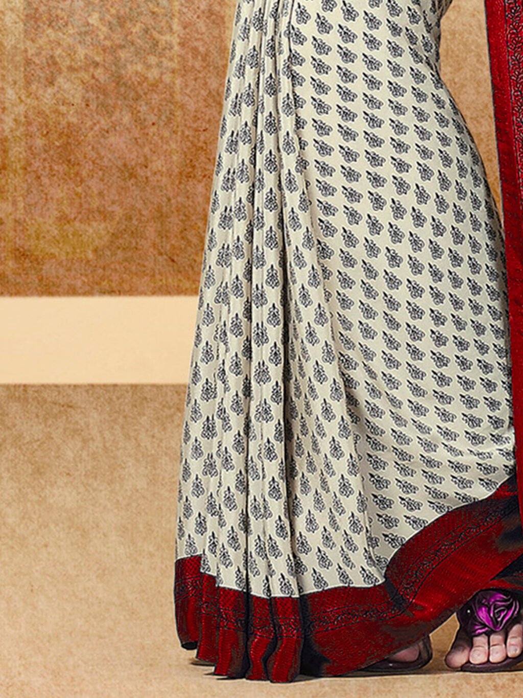 Dark Reddish Cream Crepe Silk Saree - Image 4