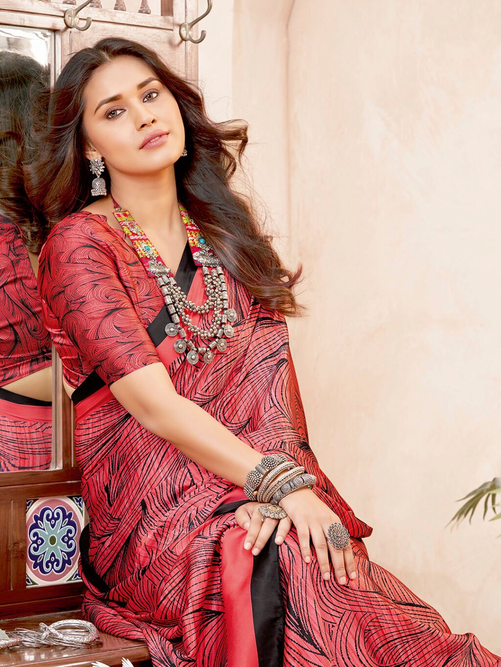 Peach Pink Soft Crepe Silk  Saree - Image 4