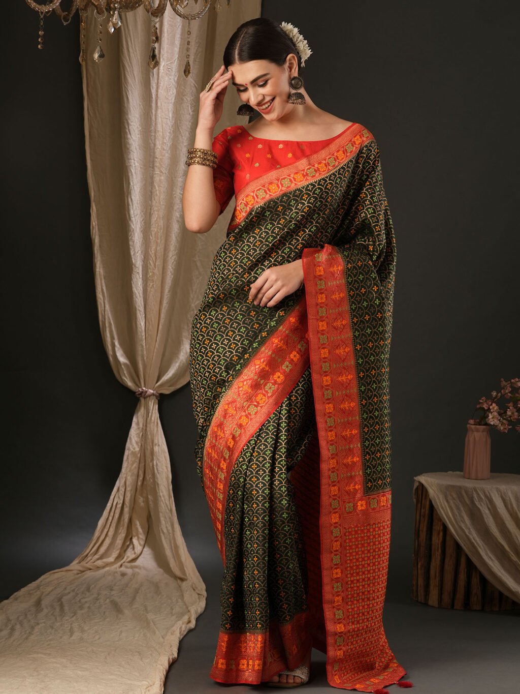 Image of Dark Green Silk Saree
