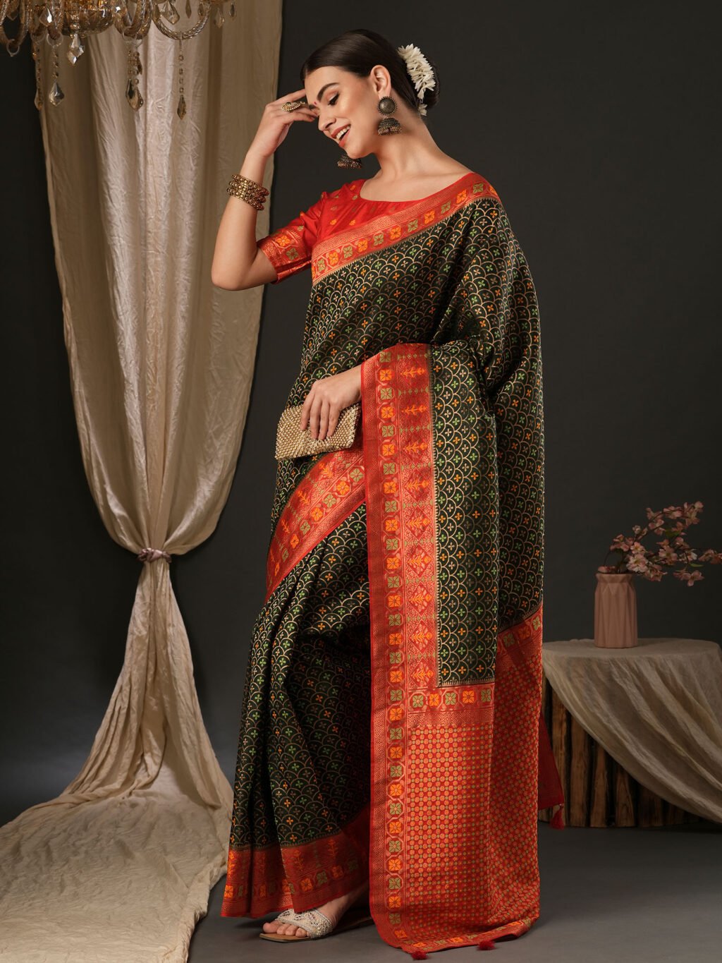 Dark Green Silk Saree - Image 3
